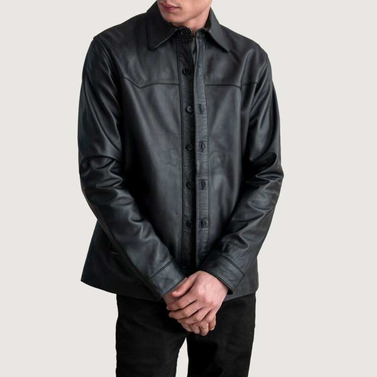 Mens Bronco Black Leather Shirt Open Front-4-1724066375167